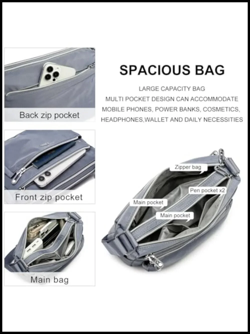 Waterproof Nylon Lightweight Crossbody Hobo Bag with Multiple Pockets